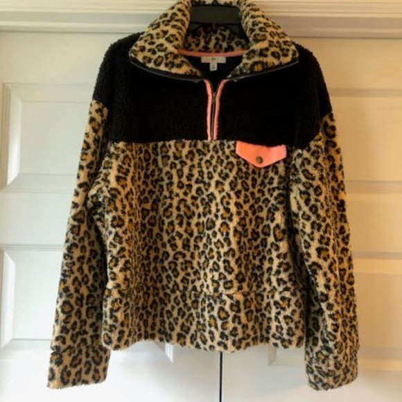 NWT BP Leopard Neon Colorblock Pullover Teddy Sherpa Jacket M - Picture 2 of 5